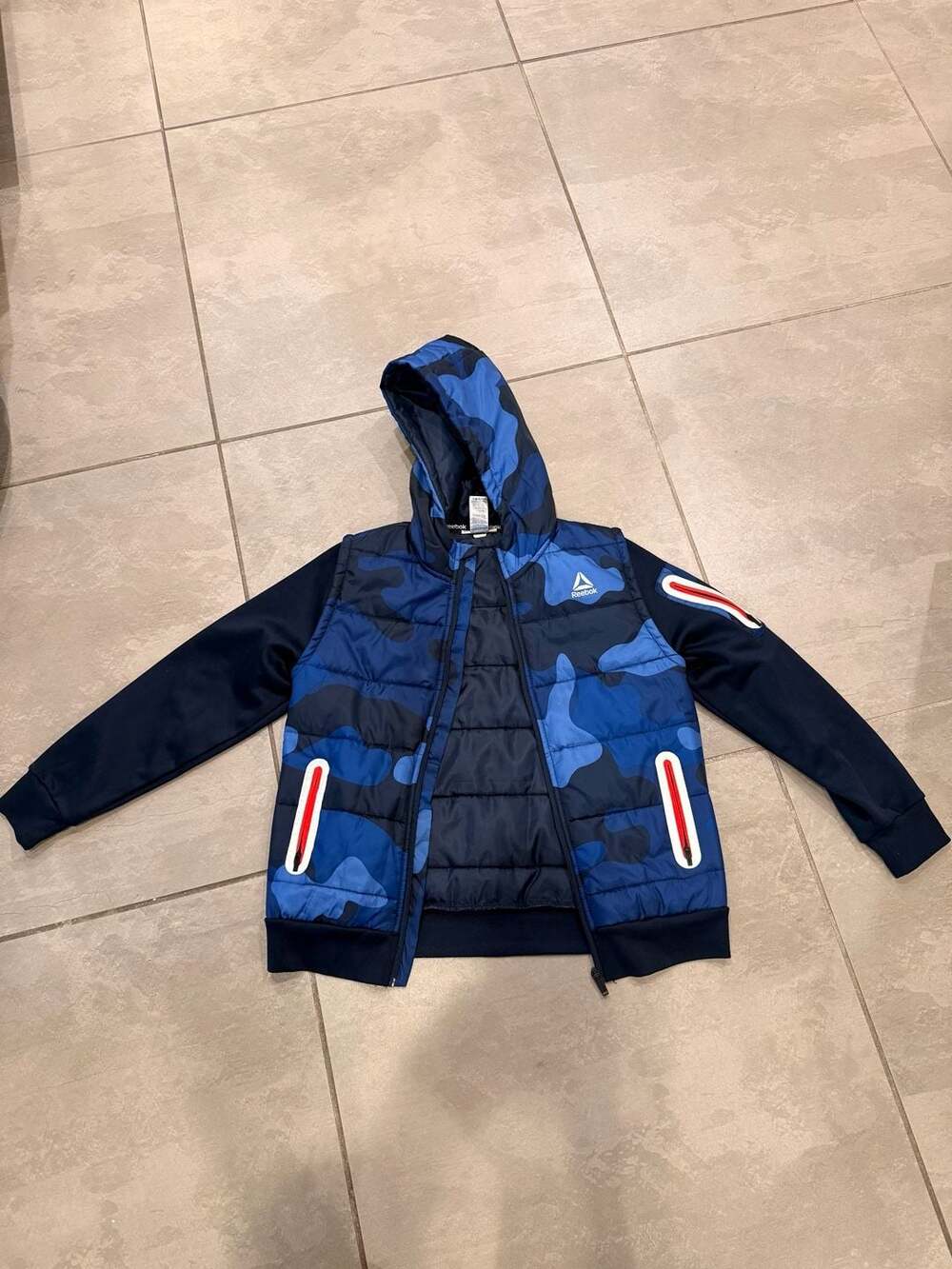 Reebok Boys Blue Camo Puffer Hybrid Jacket Size 10/12